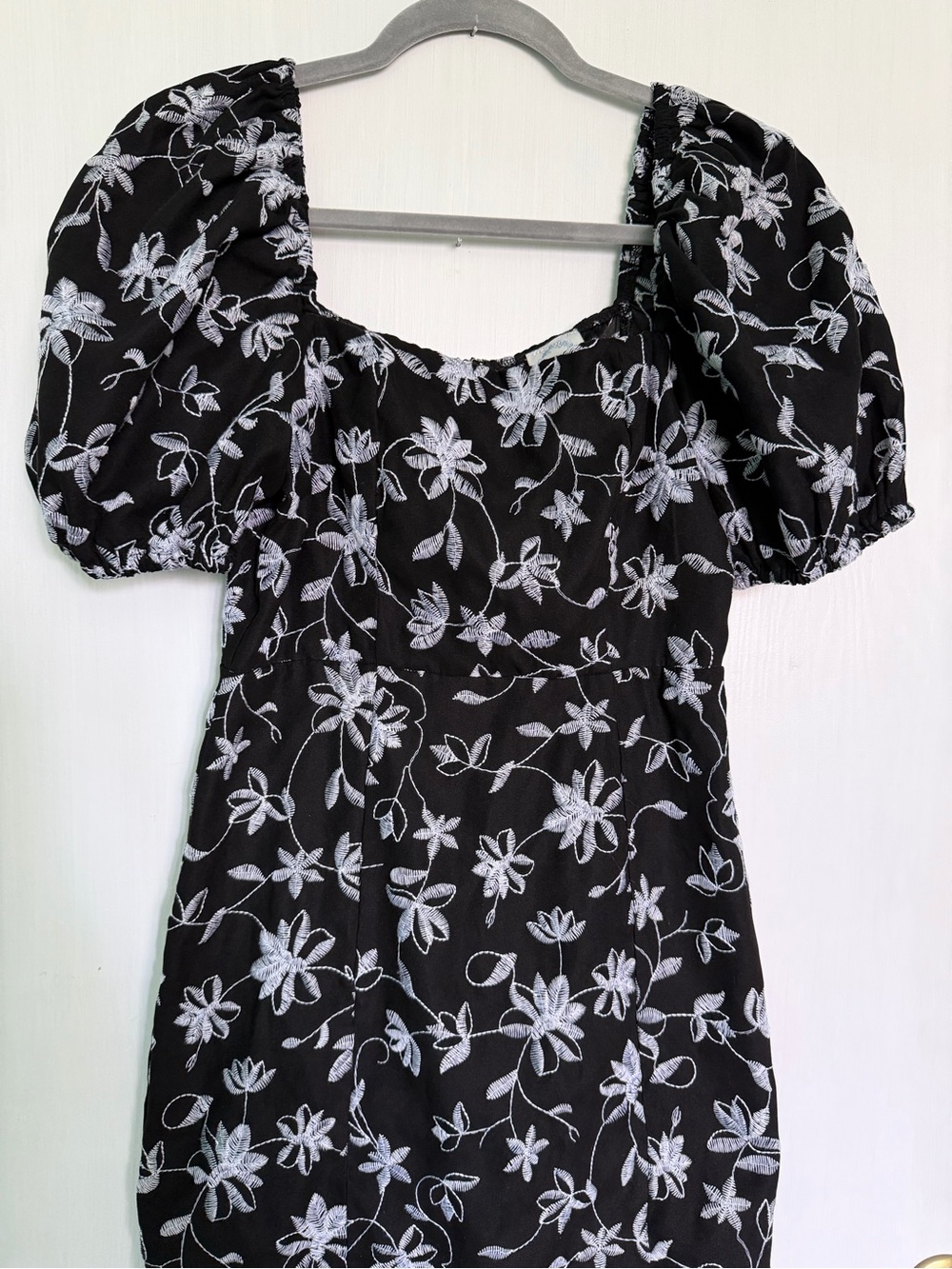Blue Rain Black Mini Dress with White Floral Embroidery